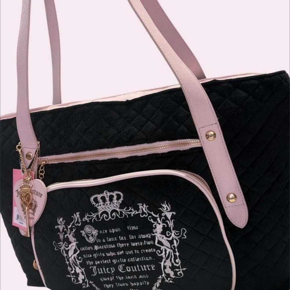 Juicy Couture Black Quilted Tote with Pale Pink Trim and Crest